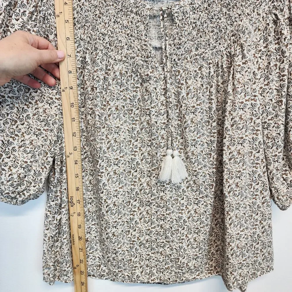 Old Navy Womens Ditsy Peasant Top Blouse Size L Smocked Puff Sleeve Cotton Rayon